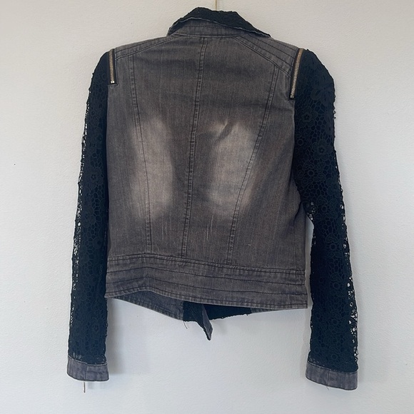 Paris Hues Black Denim & Lace Moto Jacket Cropped Size Small - Picture 10 of 15